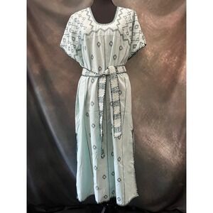 Zara Embroidered Linen Blend Caftan Dress with Belt Boho Casual Midi Size Small‎